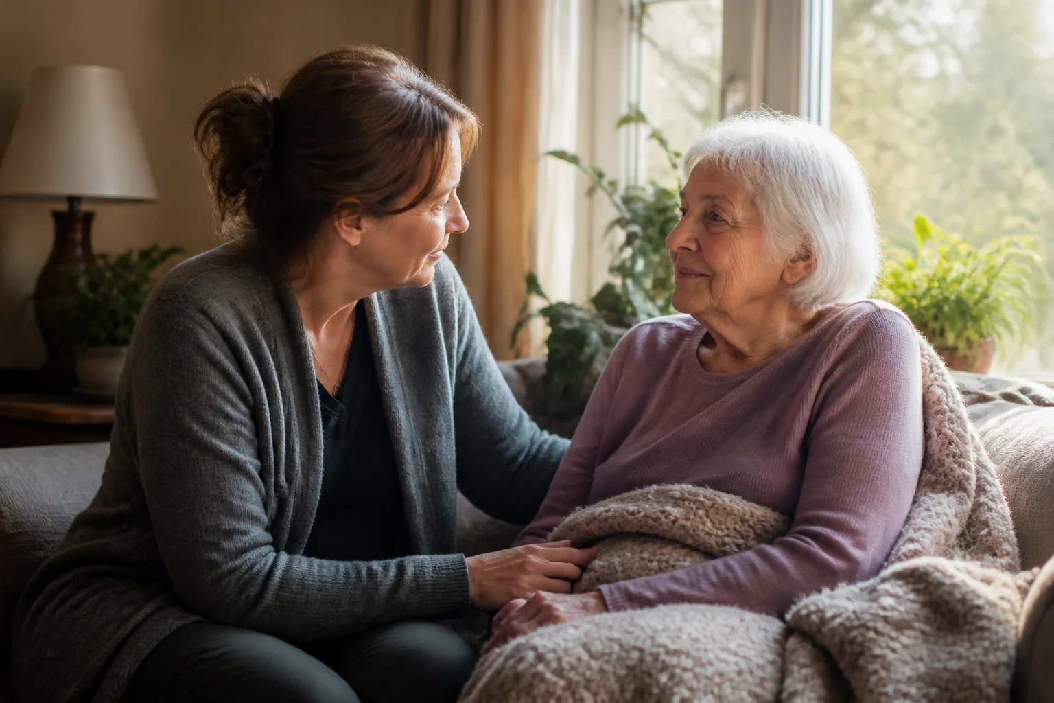 Older adult and family caregiver sharing a supportive conversation at home