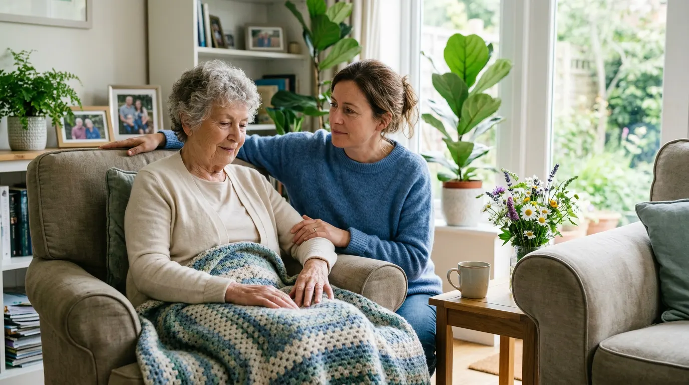 Hospice nurse holding an older adult patient hand