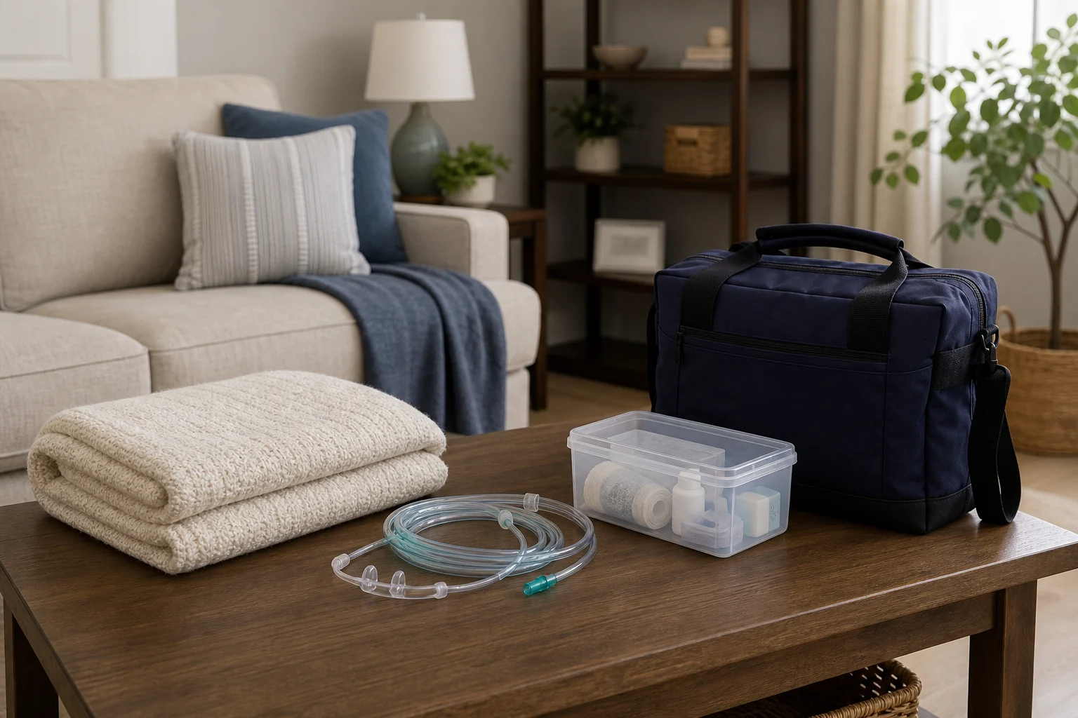 Hospice supplies and care bag arranged in a home living room
