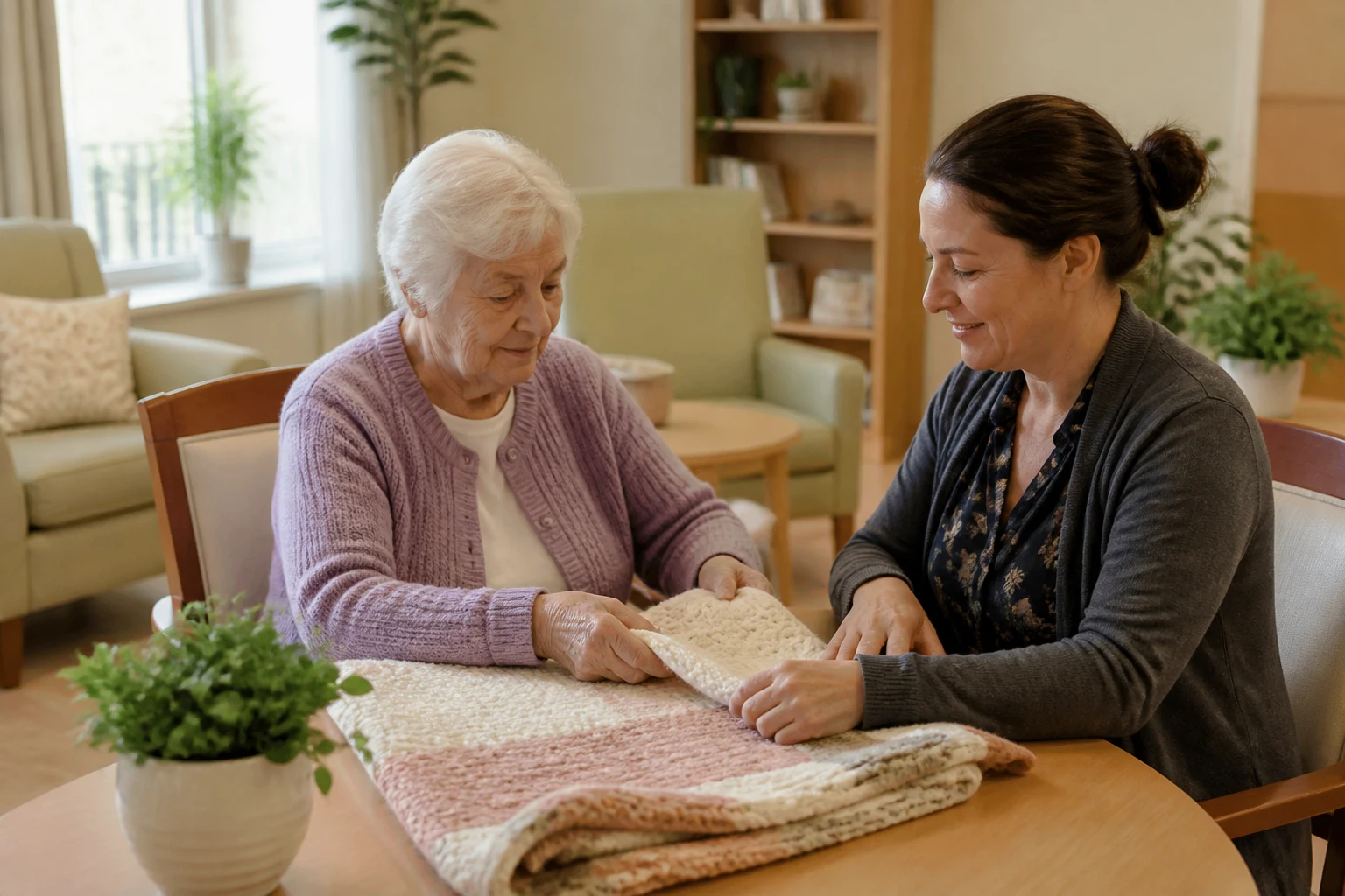 Older adult and caregiver sharing a familiar activity in a memory care community