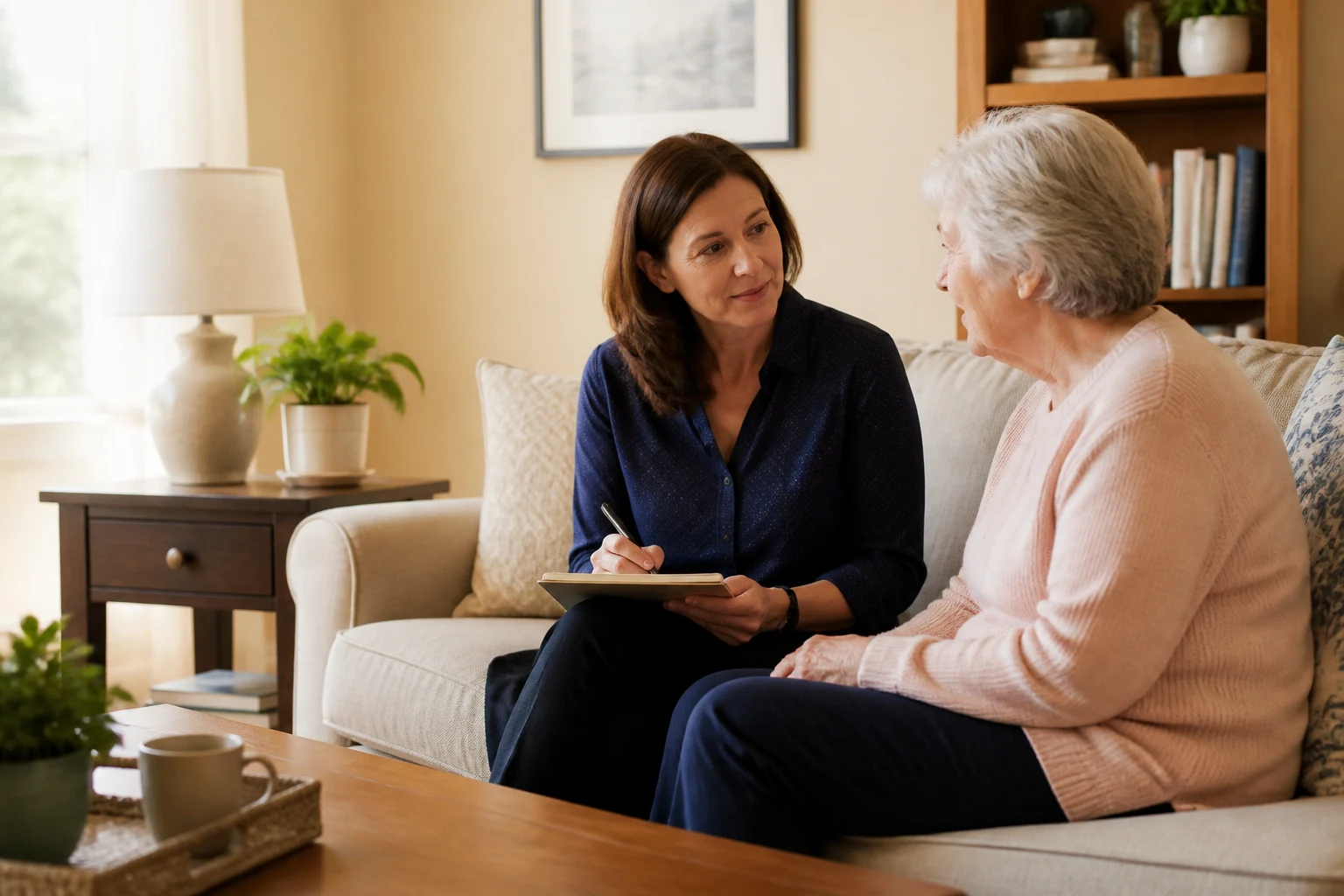 Hospice professional discussing eligibility questions with an older adult at home